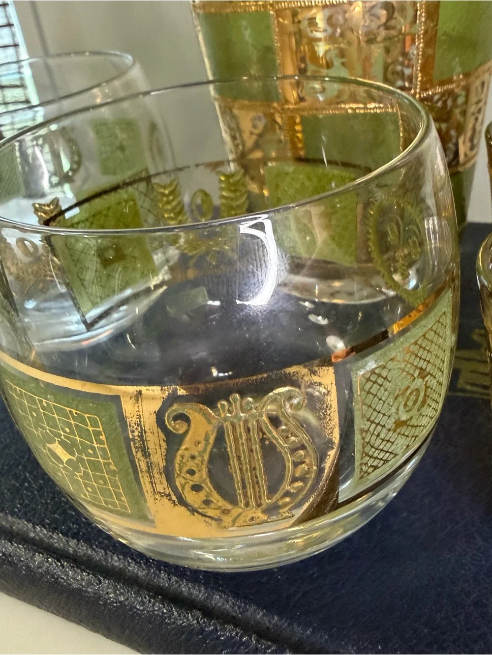 Vintage mid century modern Culver Prado Green and 22k gold Glass Decanter Set
